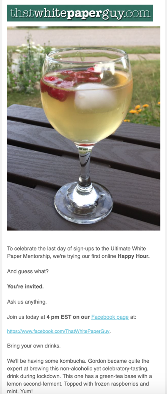 White Paper Guy Happy Hour Message