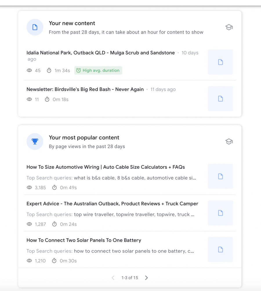 New Content and Popular content on Search Console Insights