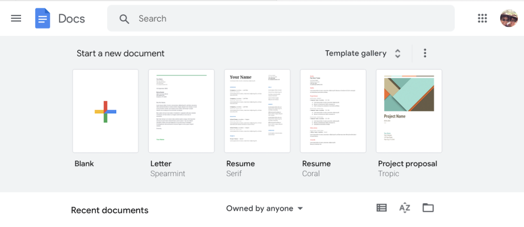 Screenshot of the Google Docs Homepage