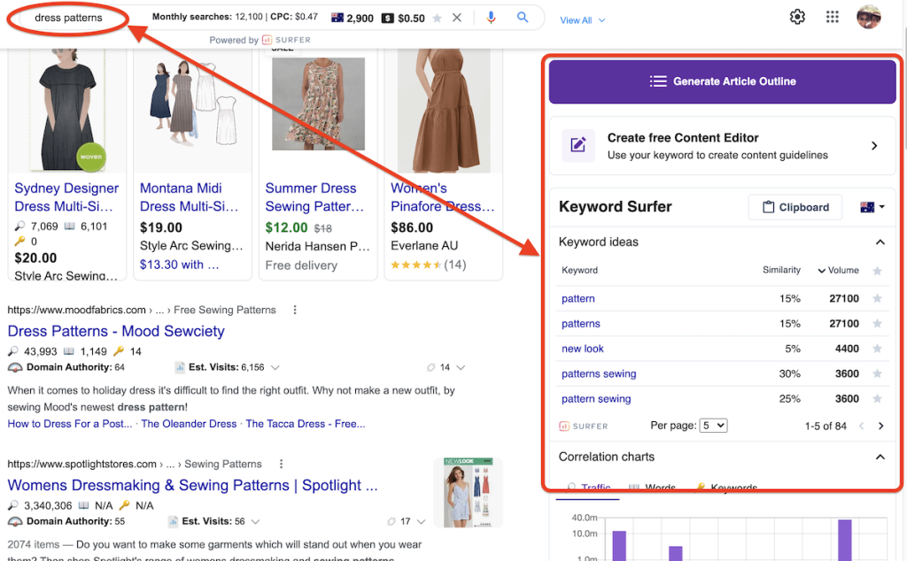 A demonstration of Keyword Surfer on Google Chrome