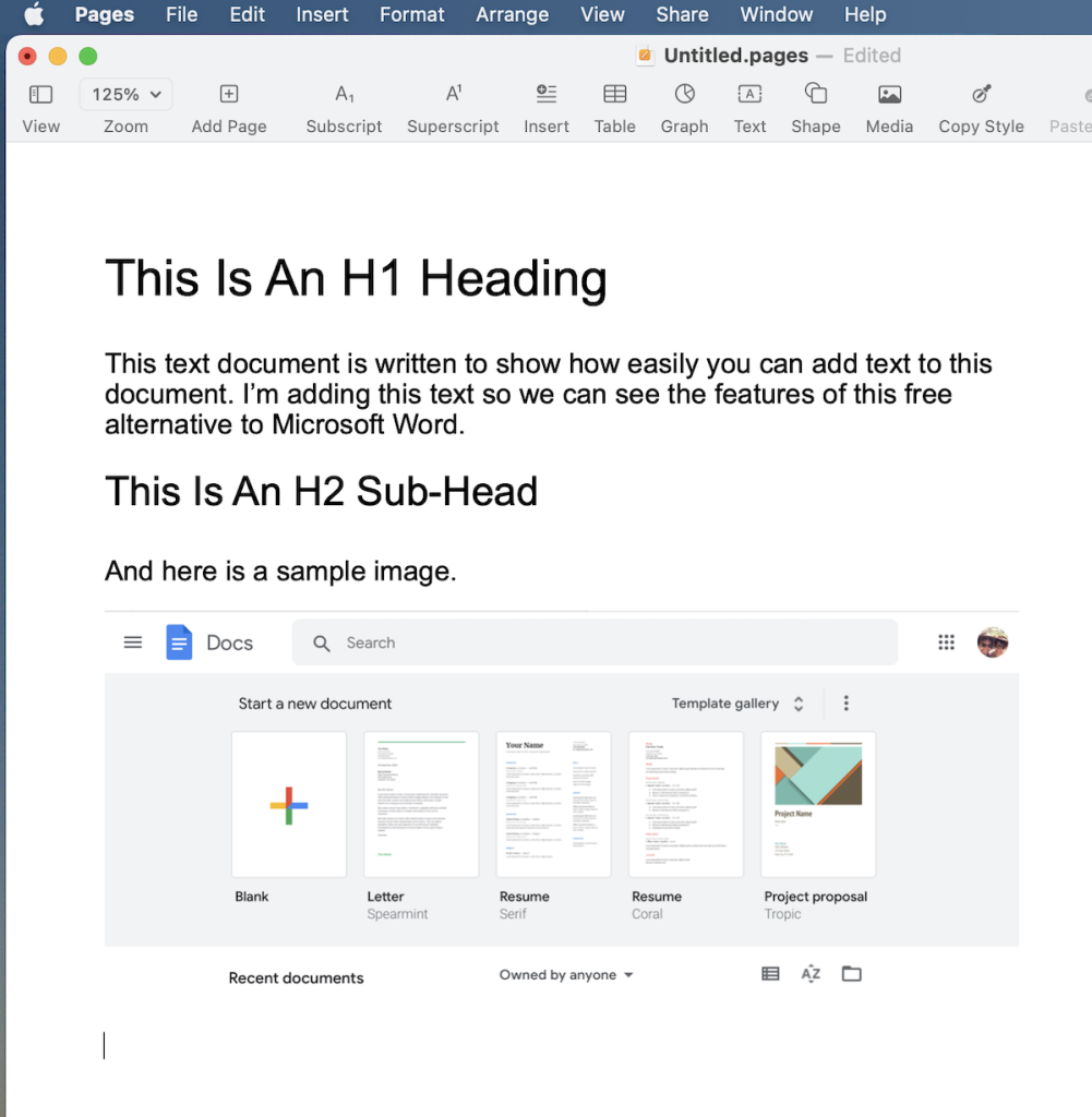 An example of a Pages document
