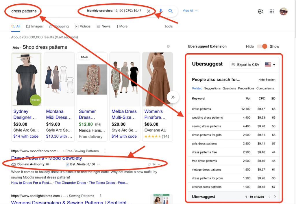 An example of the Ubersuggest Chrome Extension