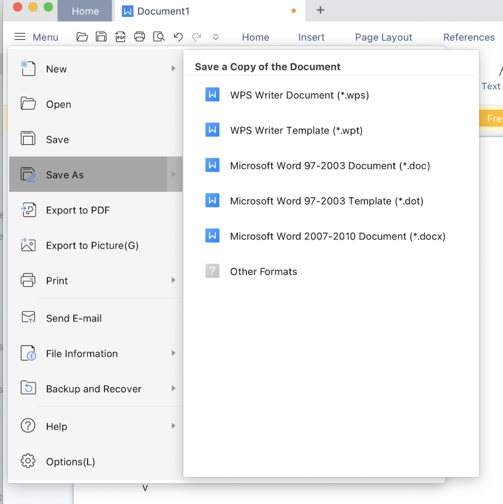 WPS Office Menu of save options