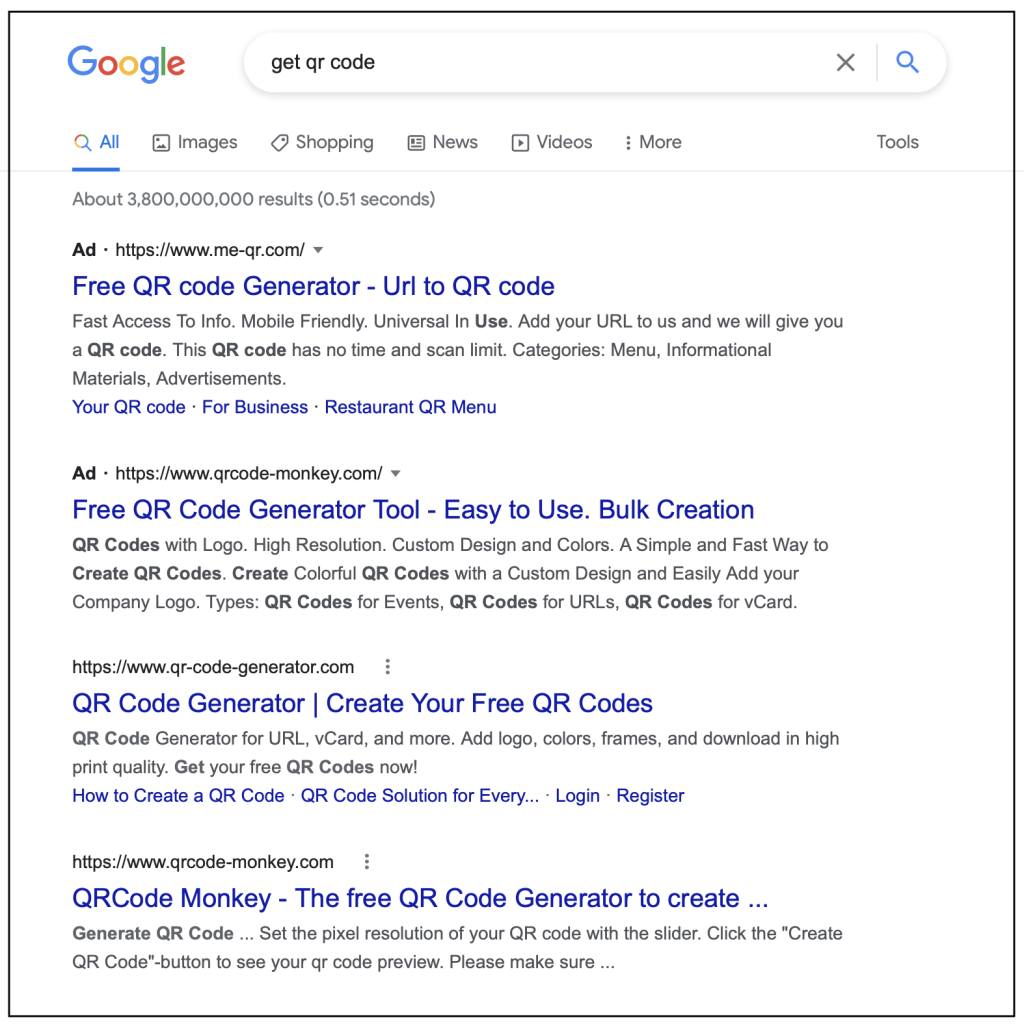 Google SERP for QR code providers