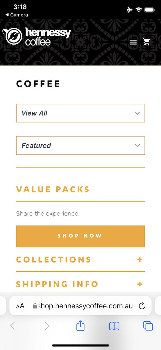 Hennessy Coffee's online store on a smartphone
