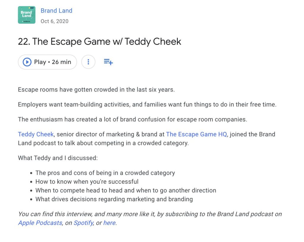 An example of podcast notes for an episode of Brand Land