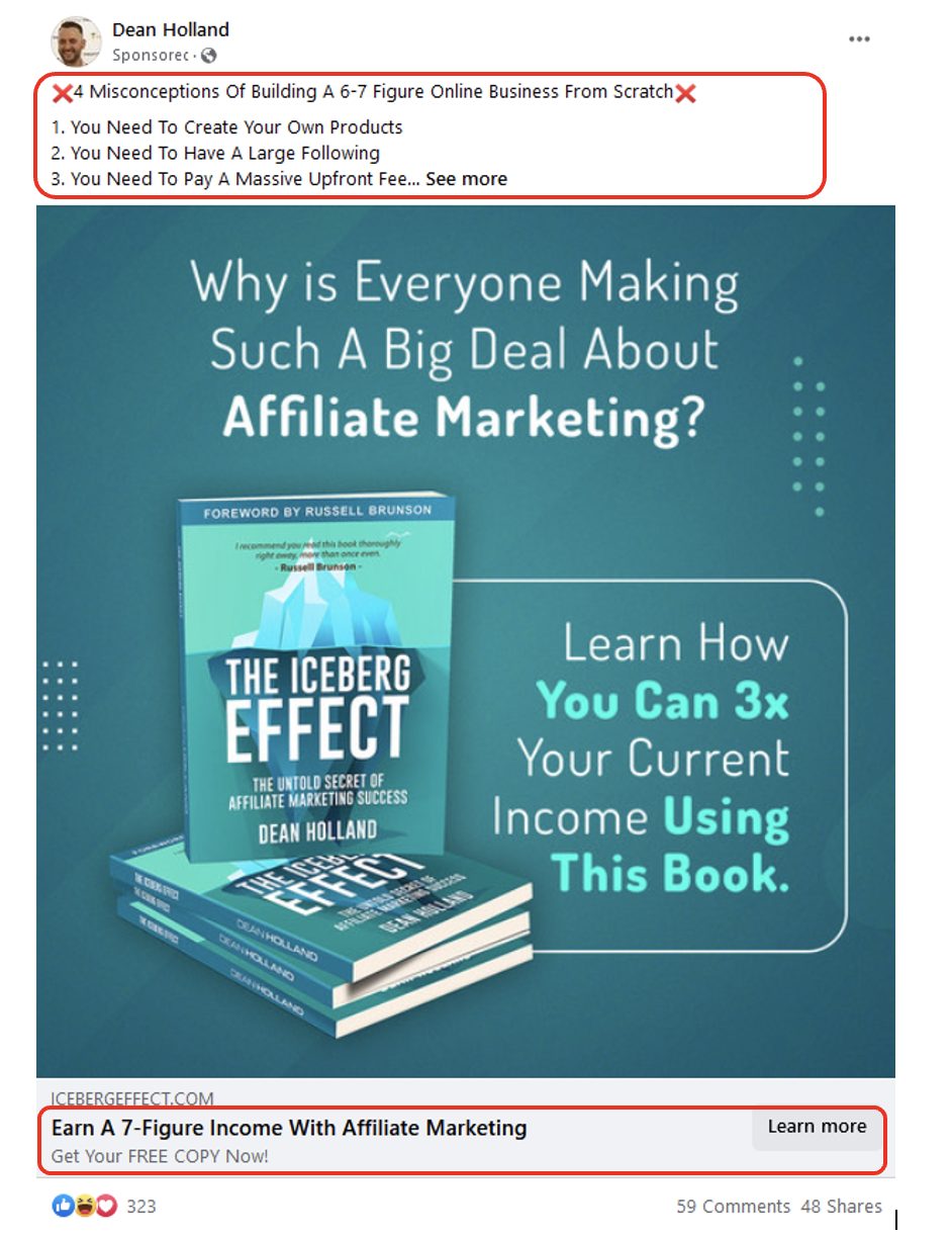 An example of a Facebook Ad with the post description and headline highlight with a red box.