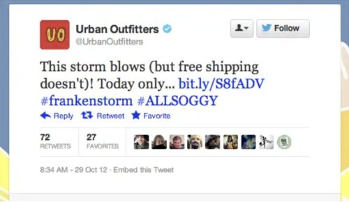 Urban Outfitters post promoting free shipping using Super Storm Sandy 