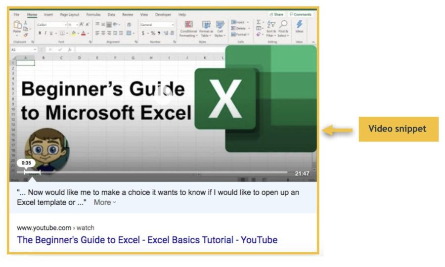 A screenshot of a video featured snippet for learning Excel basics