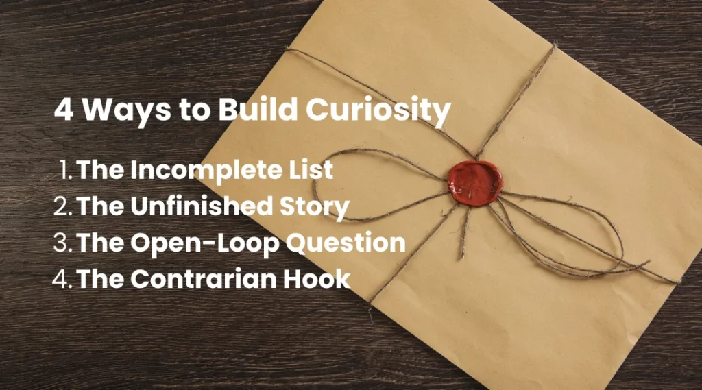 An envelope tied in twine and sealed with wax. A numbered list of ways to build curiosity is overlaid on the image. 