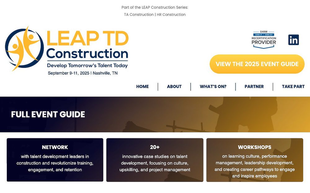 A screen shot of an event guide page for a live event catering to construction companies.