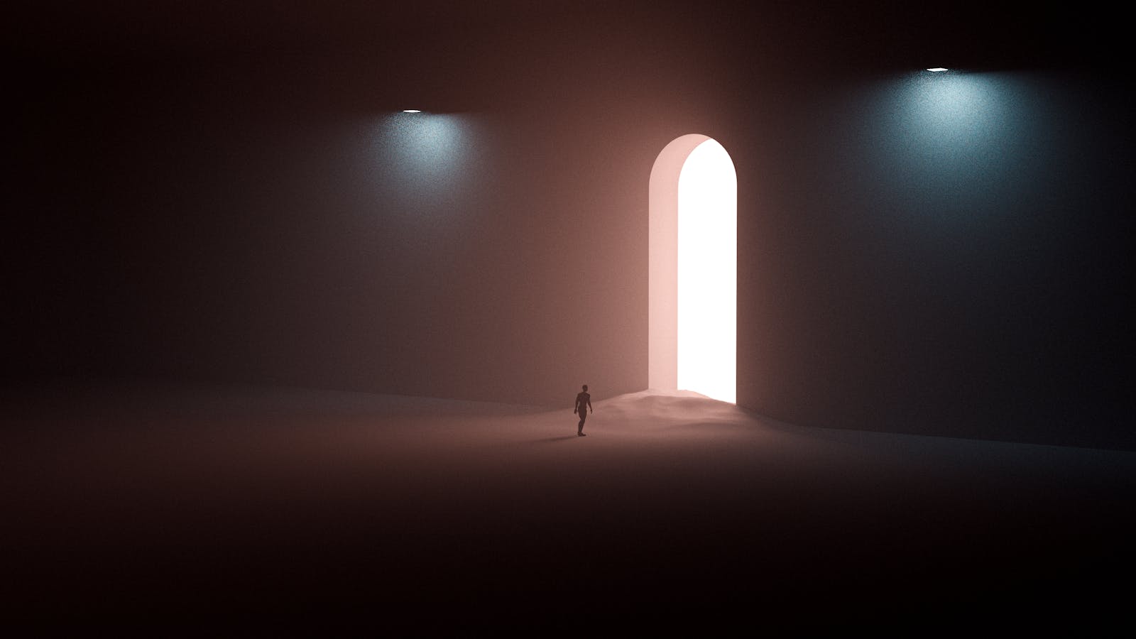 A surreal scene with a silhouetted man approaching a bright arched doorway in a dark room.