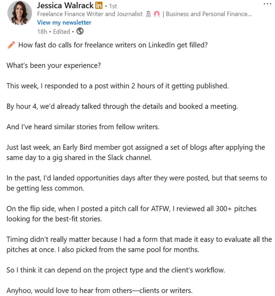 LinkedIn post about how quickly calls for writers get filled.