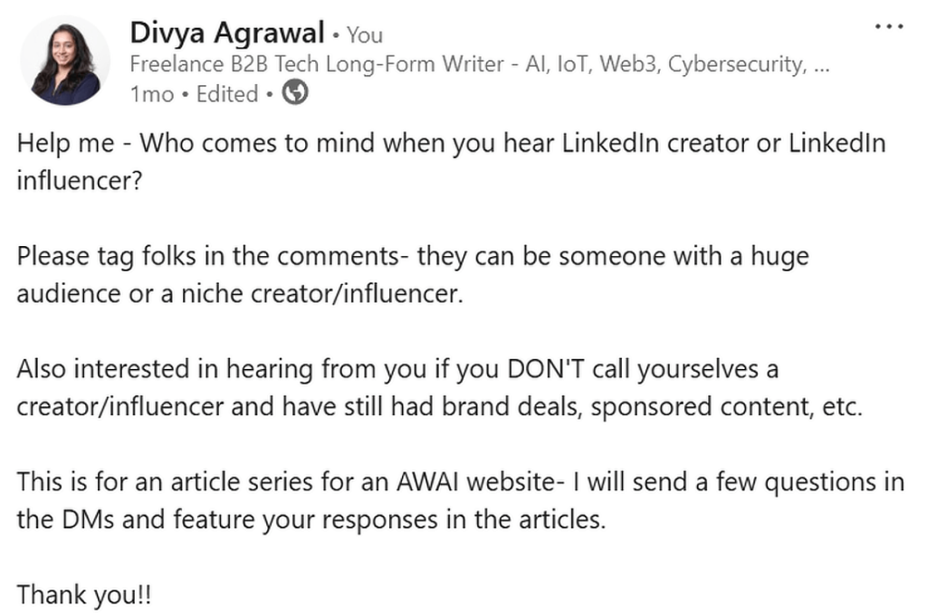 A LinkedIn post making a call for interviews with LinkedIn influencers.