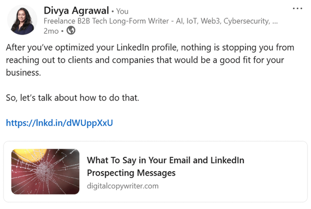 A LinkedIn post sharing a link to an article.