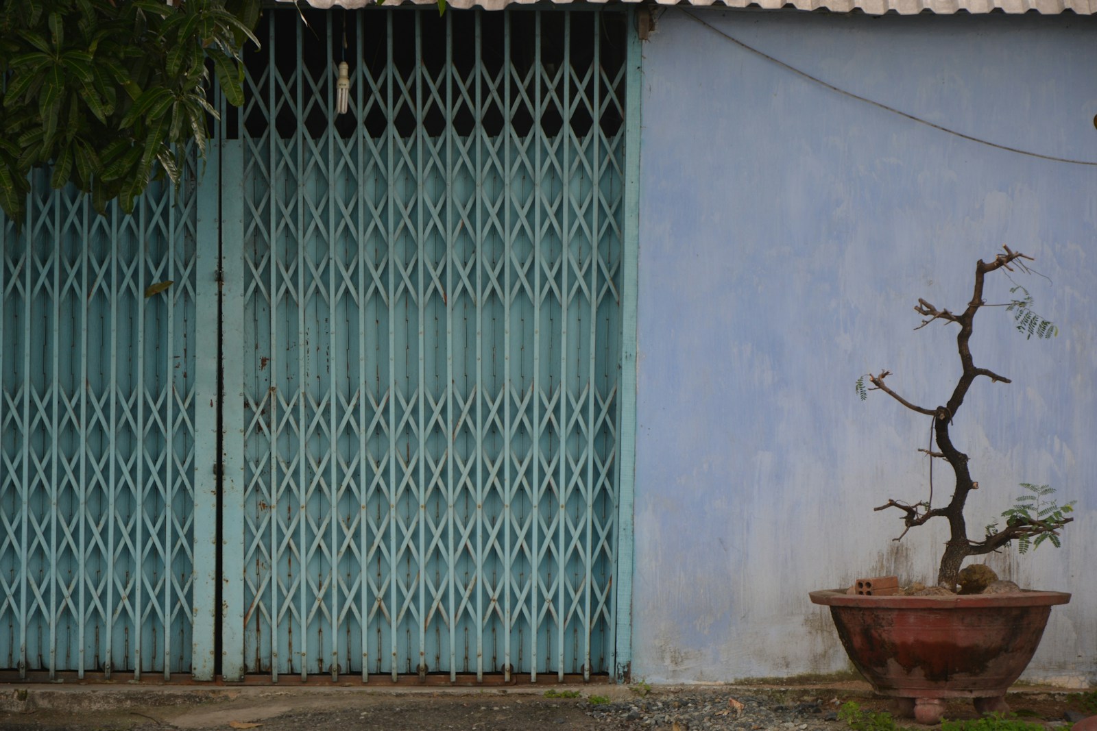 blue metal gate near brown wooden table