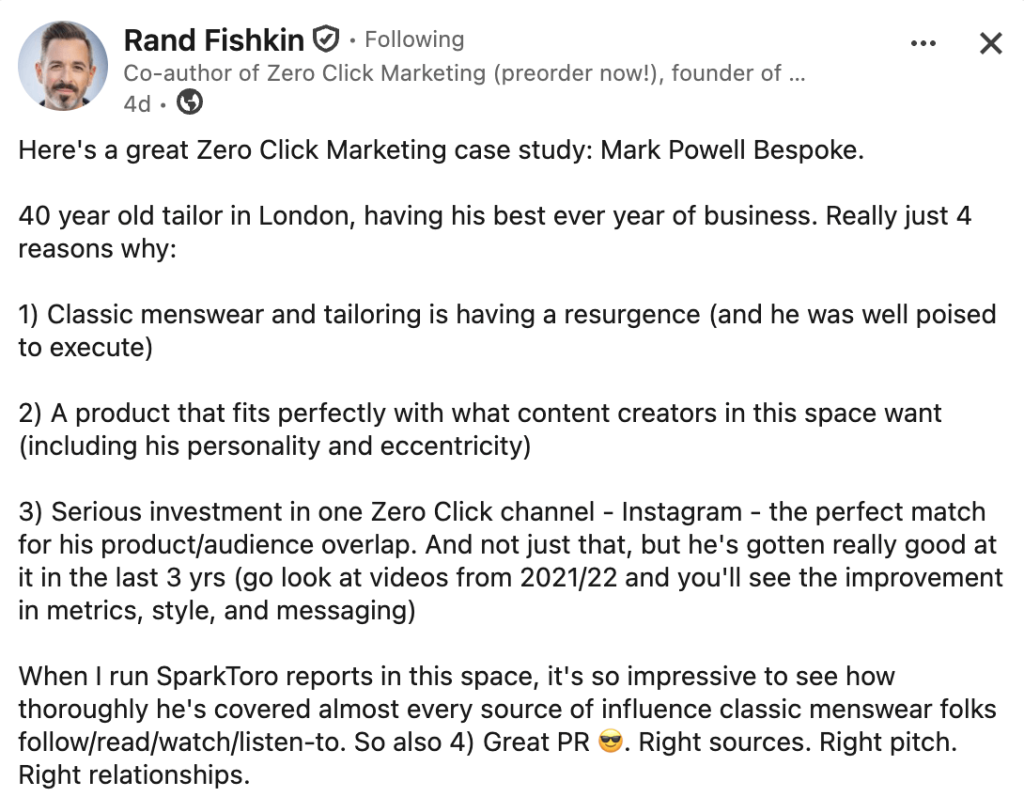 A screenshot of LinkedIn post about a company doing a great job with Zero Click marketing.