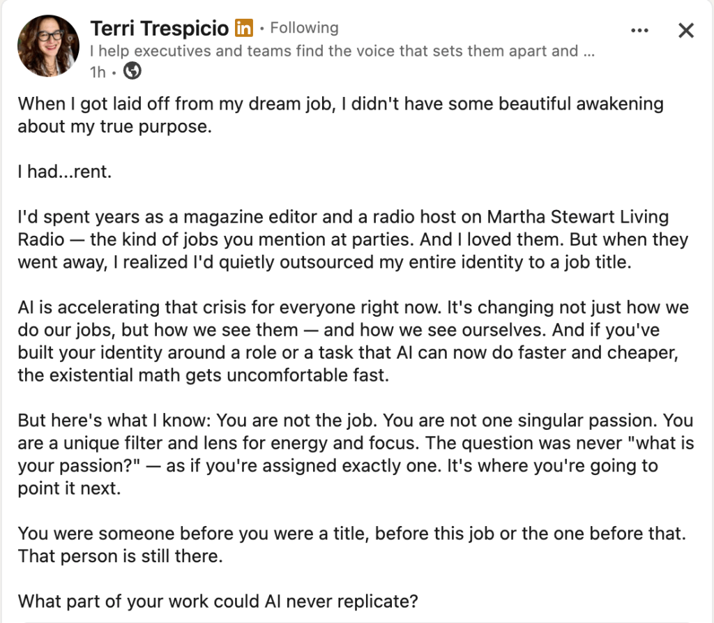 A screenshot of a LinkedIn post about learning from a layoff. 