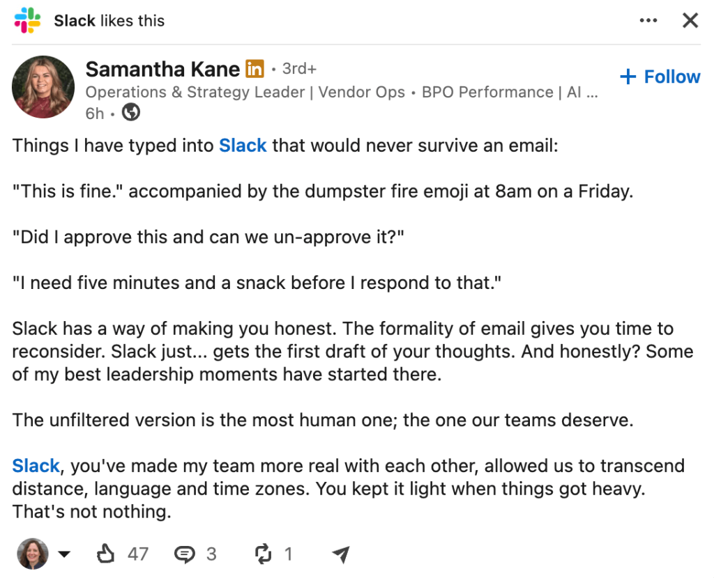 A screen shot of a LinkedIn post with a quick insight about Slack.