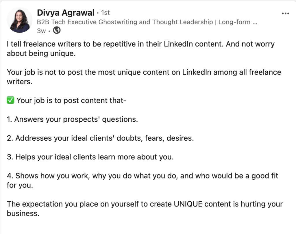 A screenshot about why it’s okay to be repetitive on LinkedIn.
