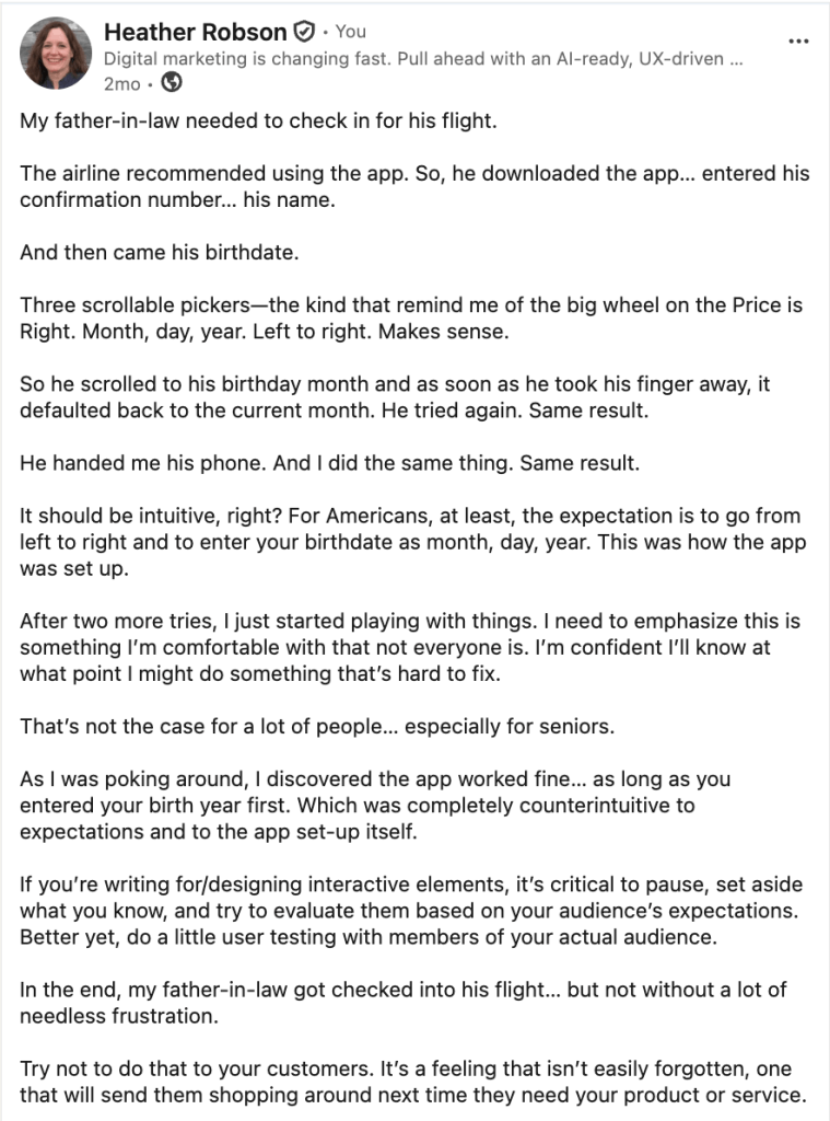 A screenshot of a LinkedIn post about a poor user experience and how to fix it.
