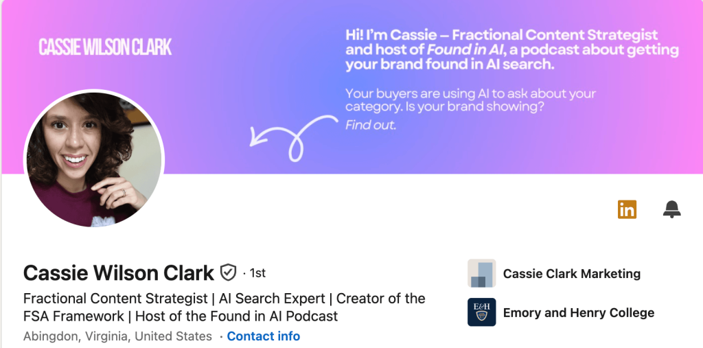 A screenshot of Cassie Wilson Clark’s LinkedIn profile.