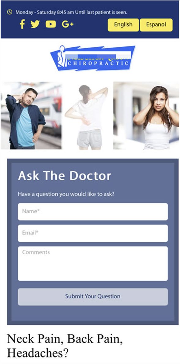 Chiropractor home page example that doesn’t give a location or phone number